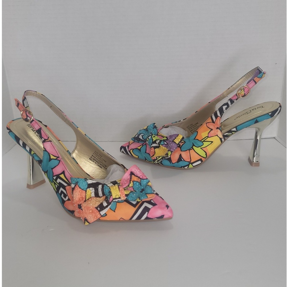 Torta Caliente Pointy 9M Multi Color Floral Bow Slingback Heels Artsy Maximalist